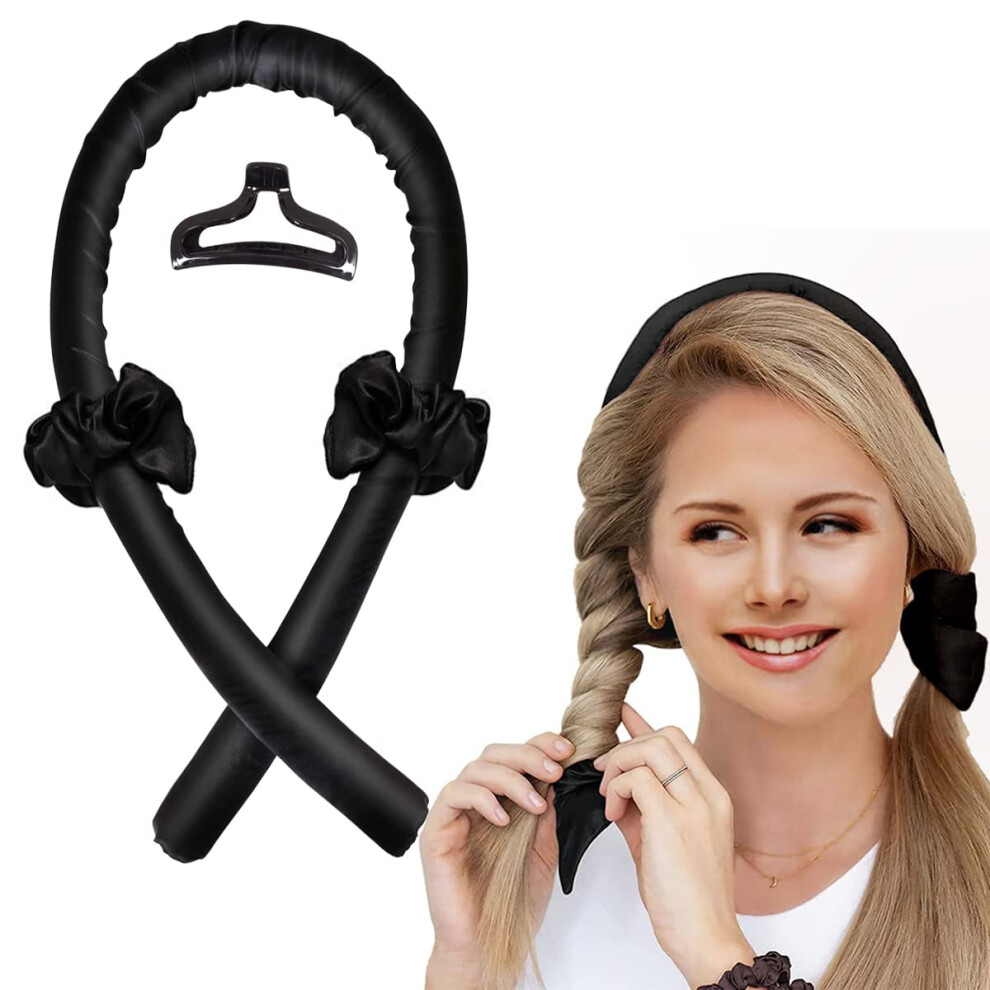 Heatless Curling Rod Headband for Long Hair, No Heat Curl Ribbon Kit with Clips and Scrunchie Black
