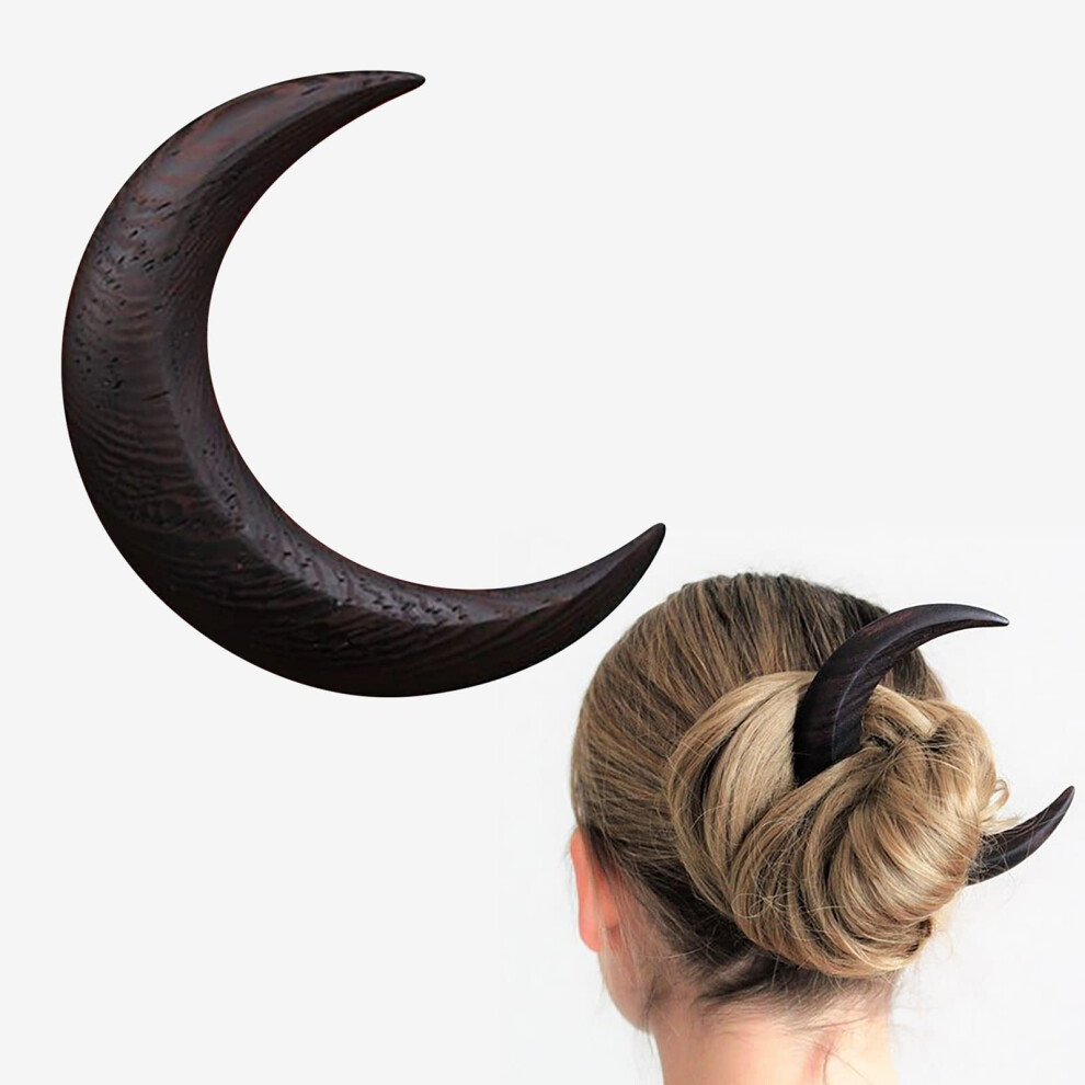 Unisex Black Hair Stick And Fork With Hand Carved Crescent Moon Design For Thick Long Hair, 4.4 Inch Natural Wood