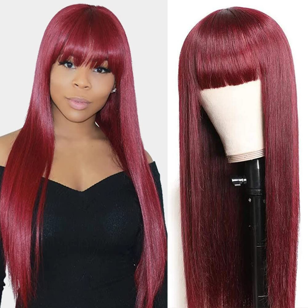 Unisex Black 26 Inch Straight Human Hair Wig With Bangs 180 Density Glueless 99J Natural For Women