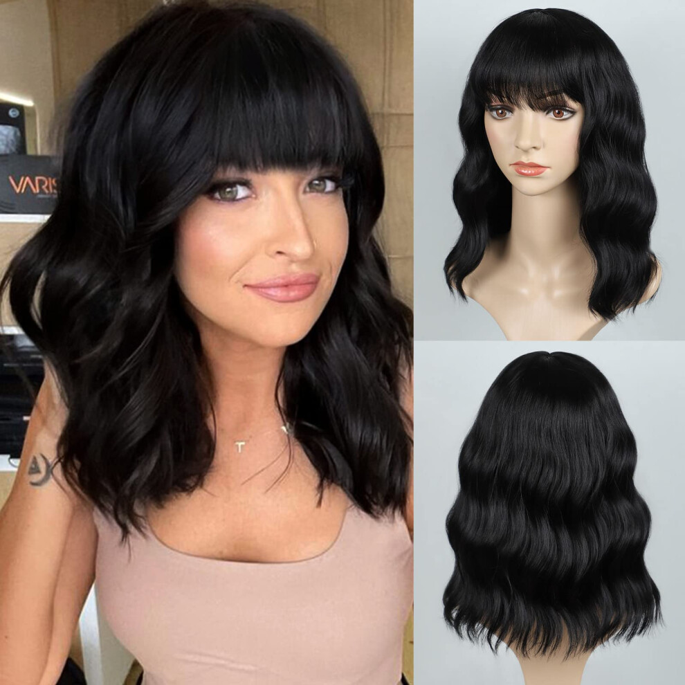Black Bob Wig with Bangs Heat Resistant Synthetic Short Wave Wig for Women Natural Black
