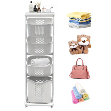 4Tier Rolling Laundry Hamper Sorter with Hanging Bar for Clothes Storage in Dorm, Closet, Bathroom