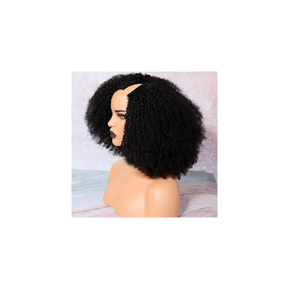 V Part Kinky Curly Human Hair Wig 16 Inch for Black Women Glue Natural Hairline Blend