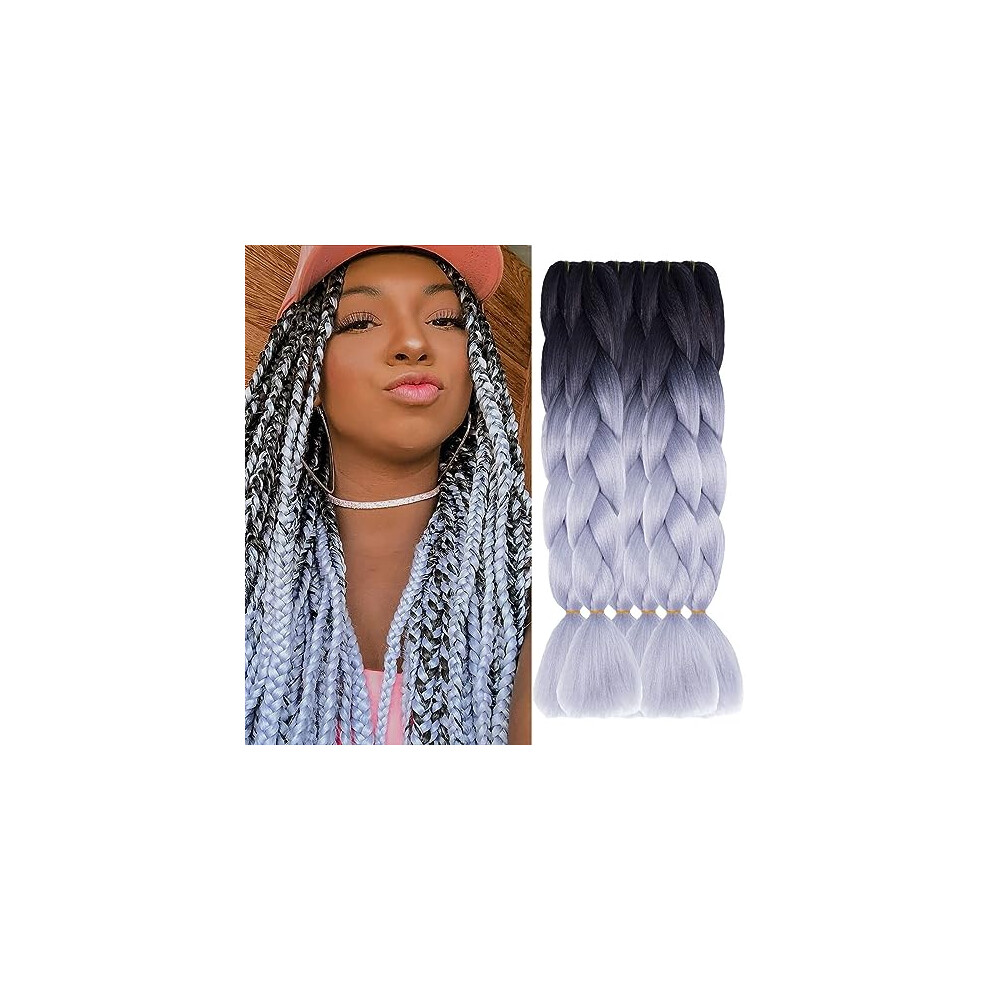 Ombre Braiding Hair Extensions 24 Inch Black and Silver Gray Jumbo Synthetic for Box Braids 6Pcs