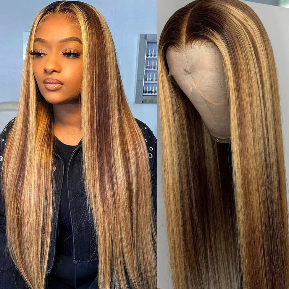 Unisex Black 32 Inch Ombre Highlight Human Hair Lace Front Wig 13X6 Hd Brazilian Straight Pre Plucked 180% Density