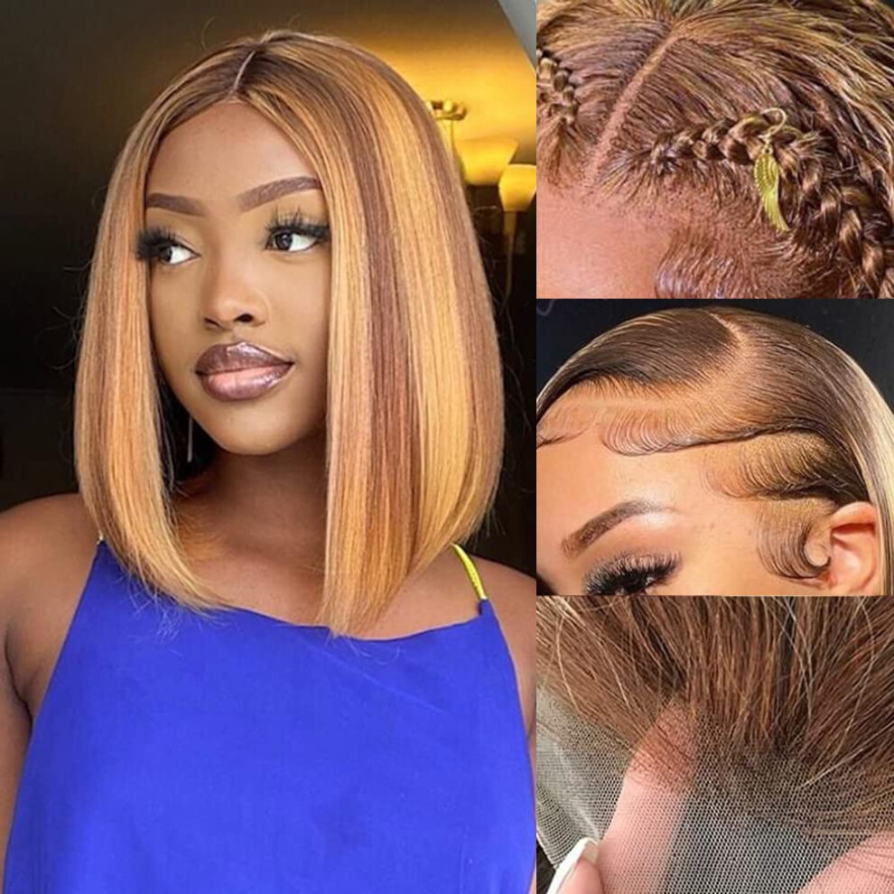 Ombre Highlight Human Hair Bob Wig 13x4 HD Lace Front Pre Plucked with Baby Hair 180 Density