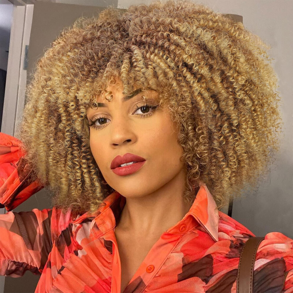 Unisex Black Afro Kinky Curly Wig With Bangs Ombre Blonde Short Synthetic Heat Resistant Wig For Women
