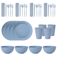 32-Piece Plates Reusable, Applicable, Picnic, College Dorm, Camping Light Blue