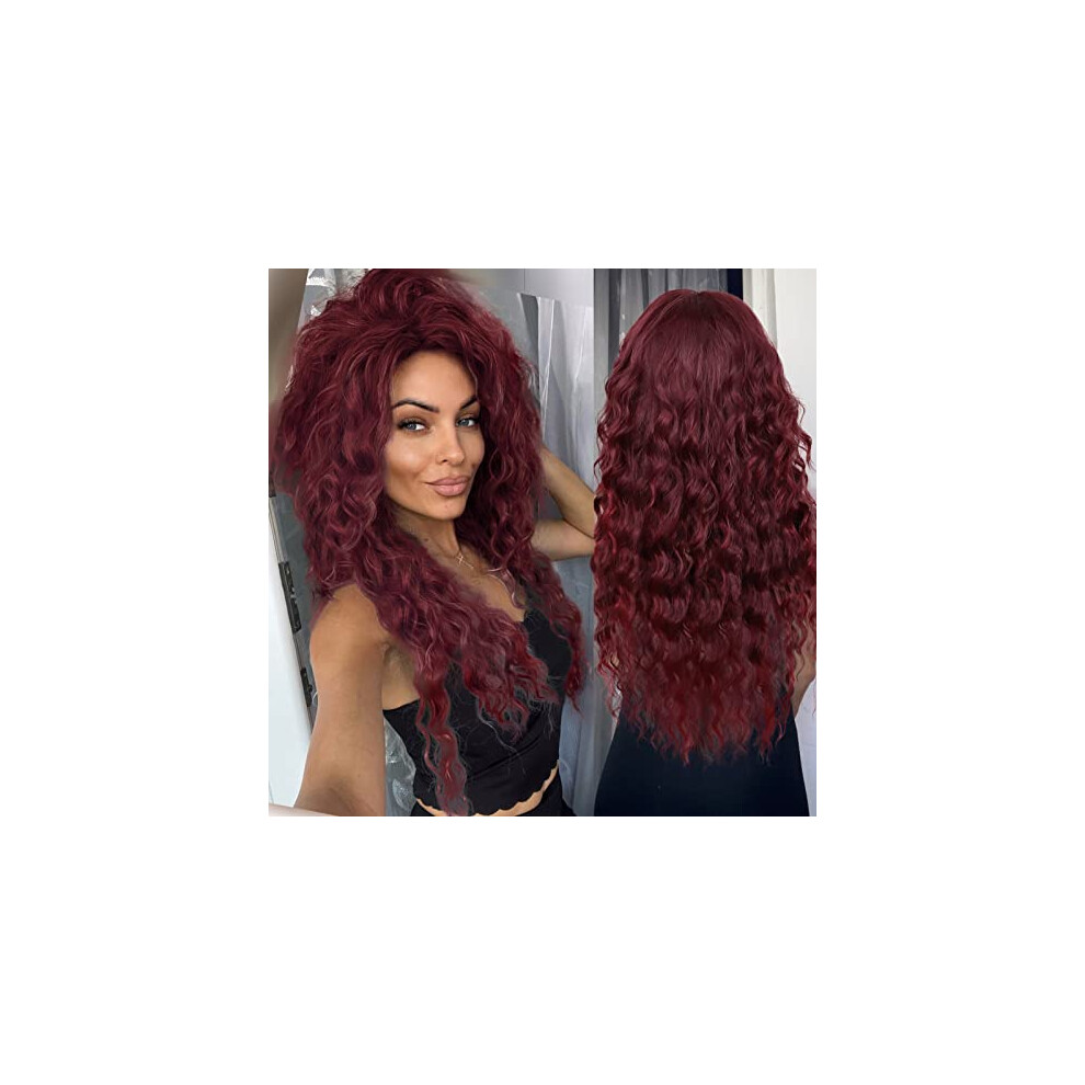 Long Wine Red Wavy Wig for Women Synthetic Burgundy Loose Wave Heat Resistant Hair