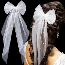 Pearl Bridal Hair Bow Veil Clip with White Tulle for Wedding and Bridesmaid Party 2pcs