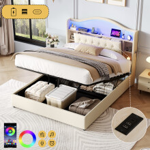 4ft6 Double Upholstered Bed Frame with Hydraulic Storage, Charging Station and Concealed Headboard Storage, USB and Type - C Ports