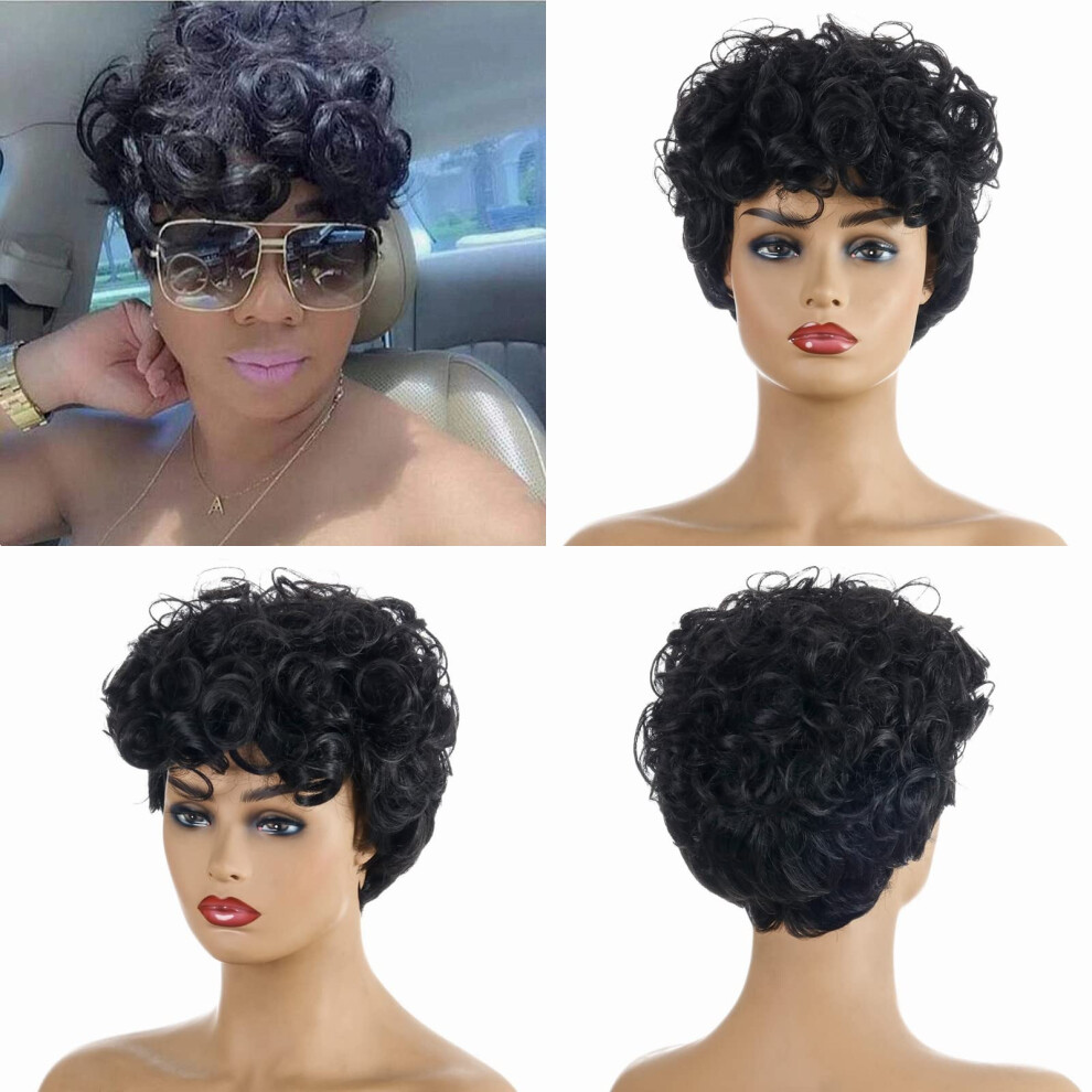 Unisex Black Short Curly Pixie Wig For Women With Bangs, Heat Resistant Synthetic Fiber, Natural Look