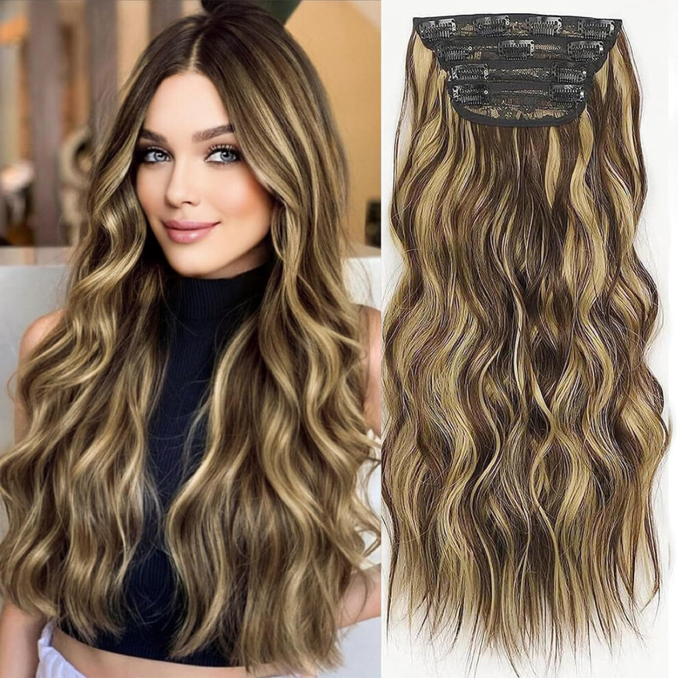20 Inch Wavy Clip in Hair Extensions Synthetic Curly Hair Pieces Medium Brown Golden Blonde