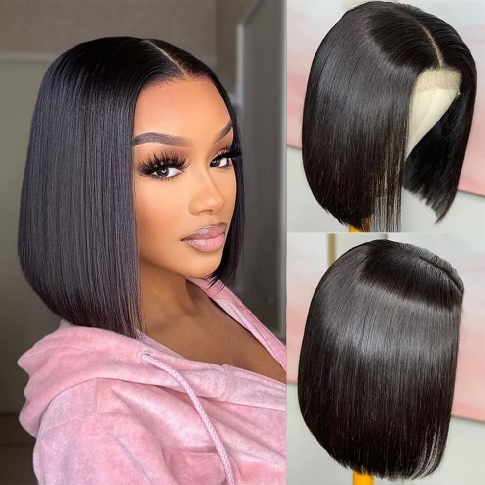 13x4 Lace Front Wig 14 Inch Straight Brazilian Human Hair Bob Pre Plucked with Baby Hair