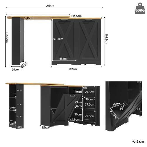 Black 360° Rotating Kitchen Island, Folding Doors 1