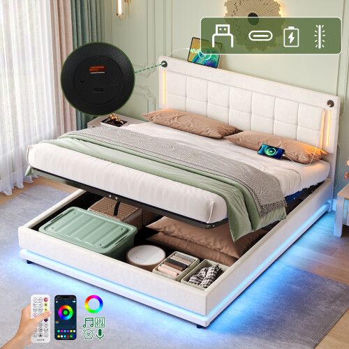 4ft6 Double LED Hydraulic Bed with Charging Station 1