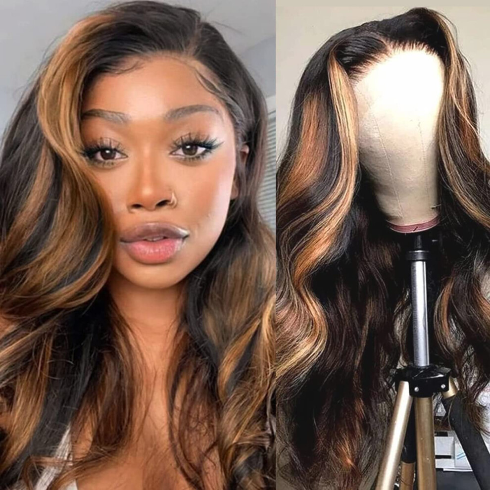 20 Inch Body Wave Human Hair Lace Front Wig, Balayage Ombre Blonde Highlights, Pre Plucked 150% Density
