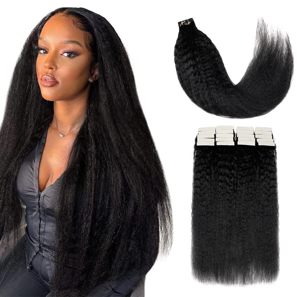 Kinky Straight Tape In Hair Extensions 24 Inch Brazilian Remy Human Hair Skin Weft for Black Women