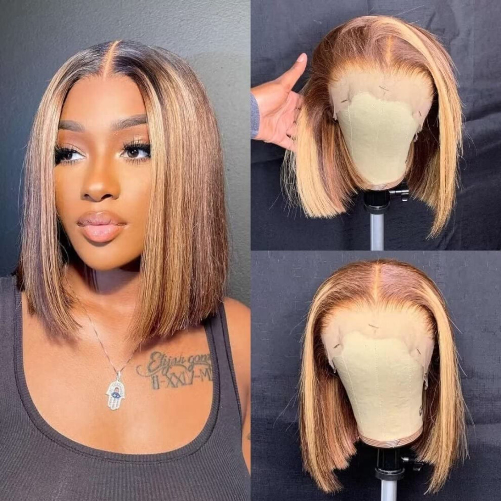 Unisex 13X6 Hd Lace Front Bob Wig Human Hair, Honey Blonde Ombre, Glueless, 8 Inch, 150% Density