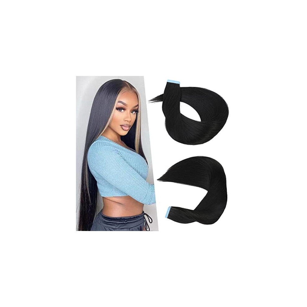 Unisex Black Tape In Hair Extensions Human Hair Women Invisible Seamless Remy Straight 40Pcs