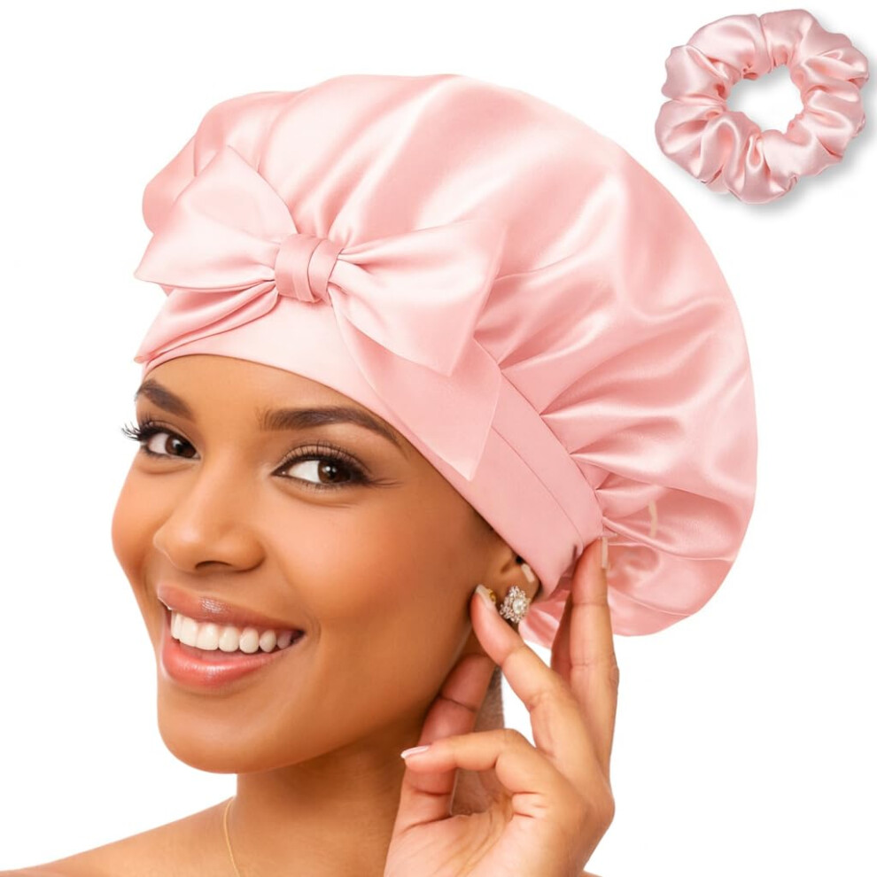 Unisex Pink 100% Mulberry Silk Sleep Bonnet For Curly Hair, Adjustable Extra Large Night Cap,