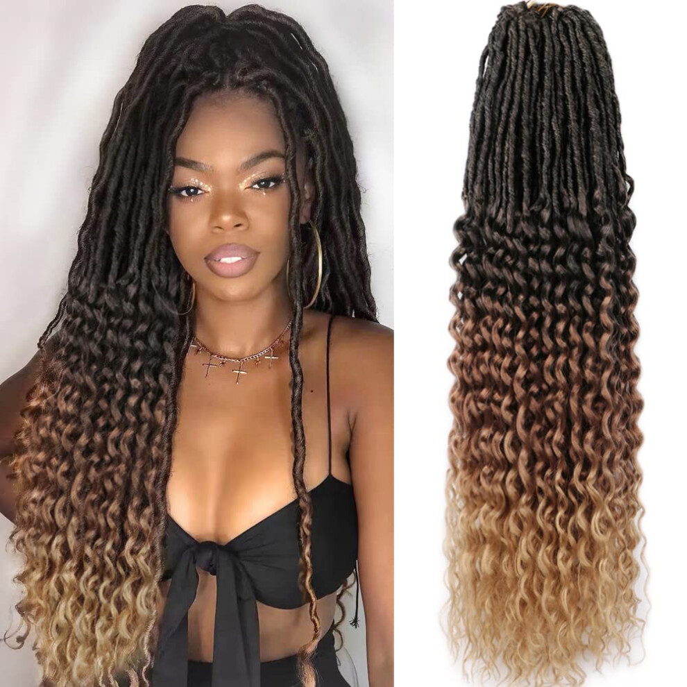 Unisex 30 Inch Goddess Locs Crochet Hair With Curly Ends, Prelooped Faux Locs Extensions 8 Packs