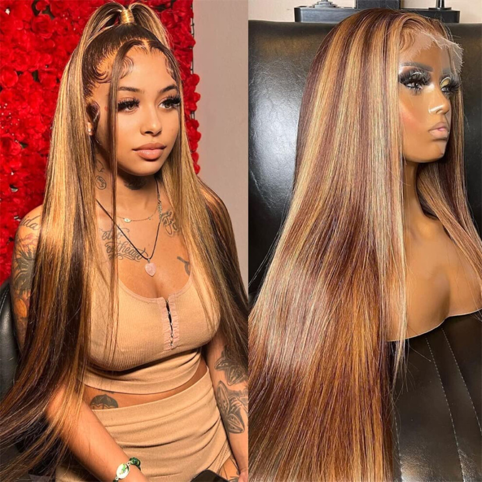 Unisex Human Hair Lace Front Wig 13X6 Hd Transparent Ombre Highlight 22 Inch Pre Plucked Brazilian Straight