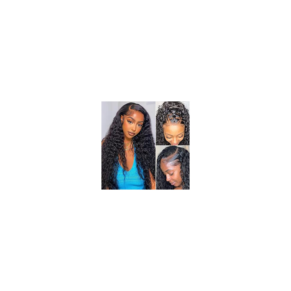 Unisex 20 Inch Water Wave Human Hair Lace Front Wig Pre Plucked Hairline Glueless 180 Density