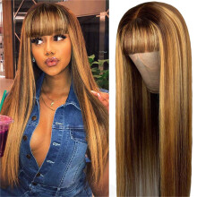 Brazilian Human Hair Wig with Bangs, Highlight Ombre, Glueless Lace Front, 150% Density 18 Inch