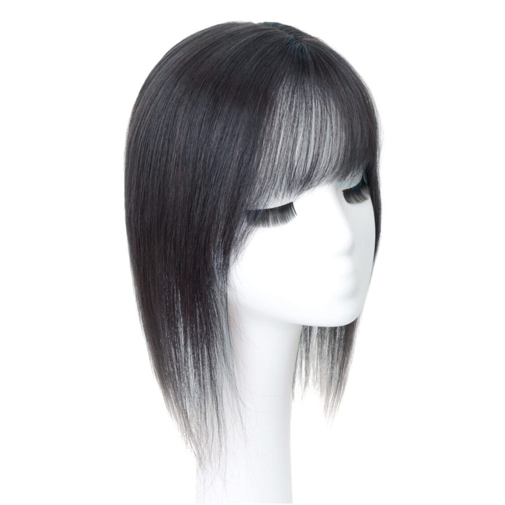 Unisex Black Human Hair Topper With Fringe Silk Base 30Cm Off Clip In Hairpiece For Thinning Hair