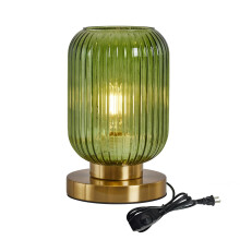 Mid Century Modern Green Glass Ribbed Table Lamp, Dimmable Nightstand Light with Small Gold Base