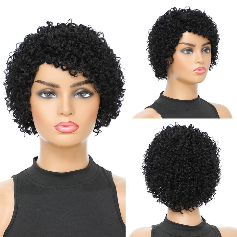 Short Curly Human Hair Pixie Cut Wig for Black Women Brazilian Remy with Side Bangs 6 Inch Jet Black