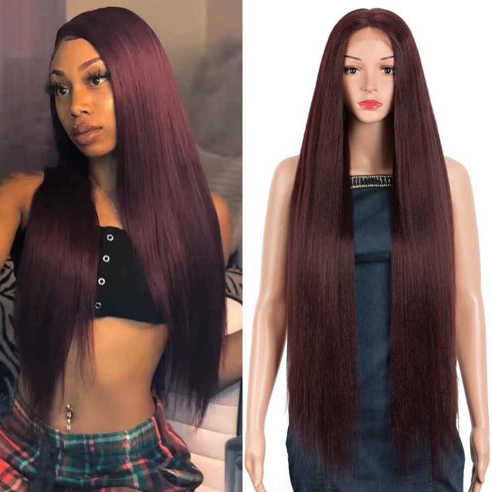 36 Inch Lace Front Wig for Women Burgundy Ombre Synthetic Long Straight Hair Preplucked