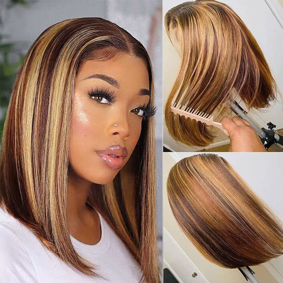 14 Inch Ombre Blonde Bob Wig Human Hair with Natural Highlights Lace Closure for Black Women