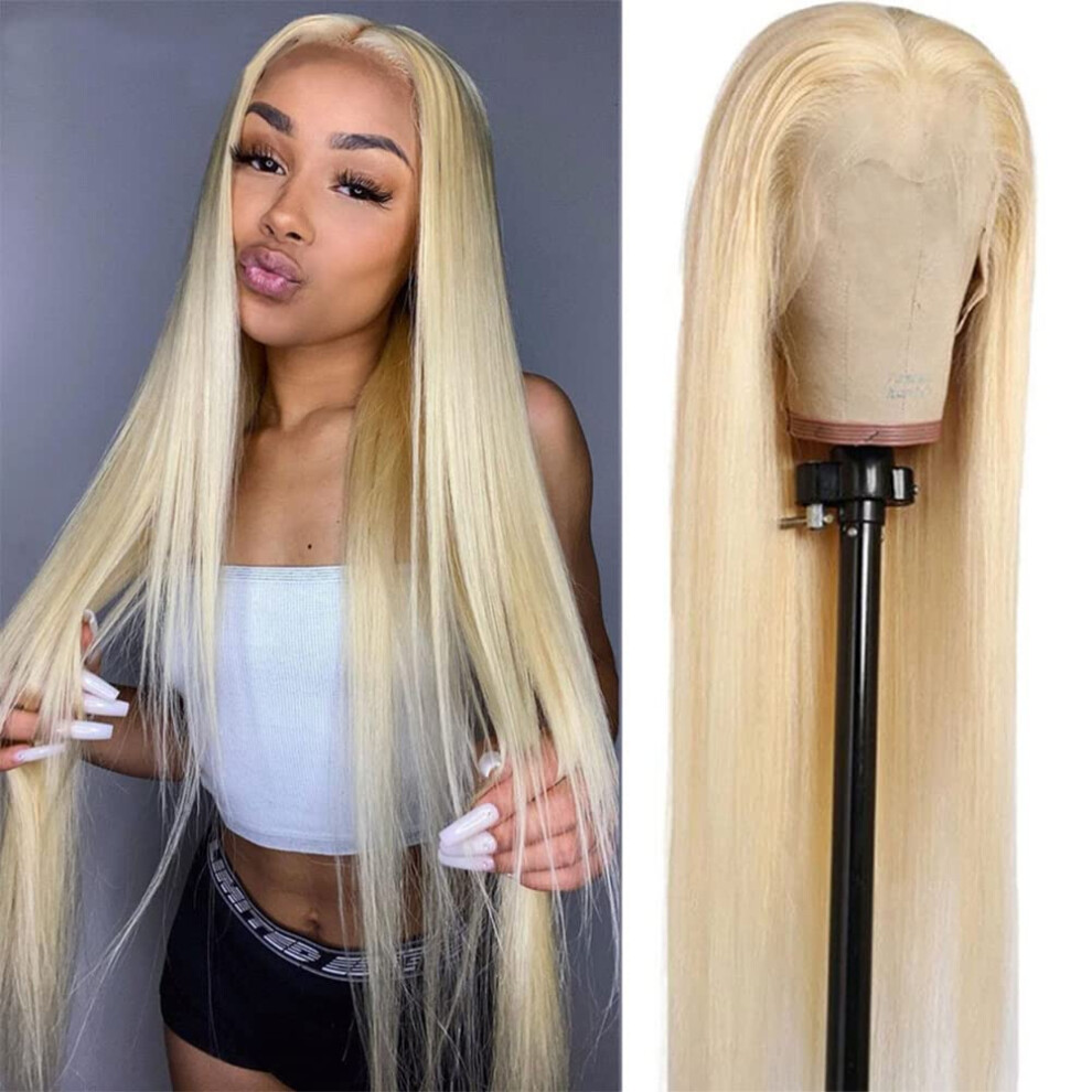 Unisex 613 Blonde 13X4 Lace Front Human Hair Wig 14 Inch Straight Pre Plucked Transparent Lace Natural Hairline