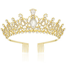 Gold Princess Crown with Crystal Rhinestones and Side Combs for Bridal Wedding Birthday Party