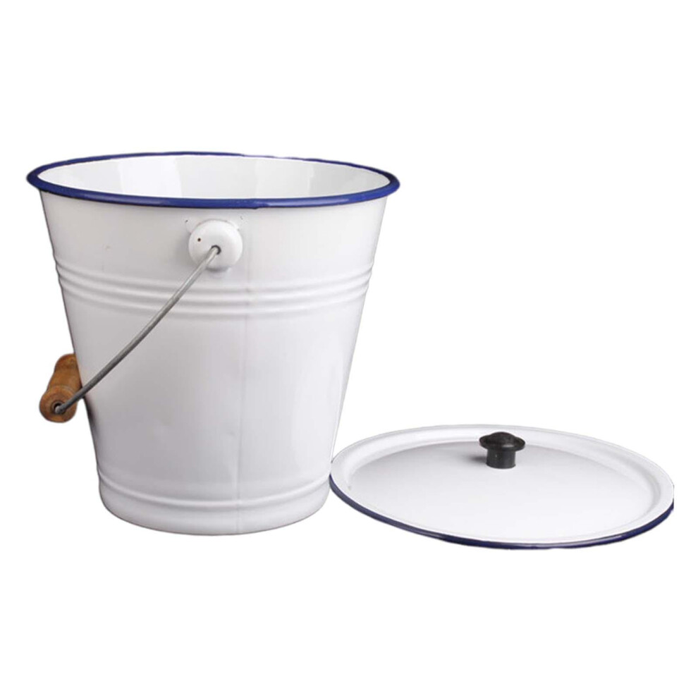 Enamel Milk Bucket With Wooden Handle, 7L Water Pail For Outdoor, Garden And Bridal Shower 9365369306875