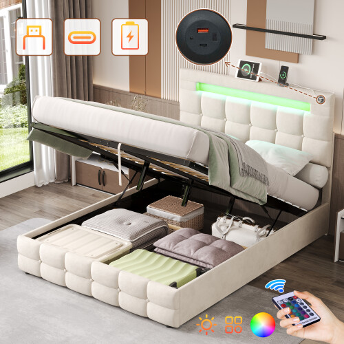 4ft6 Double Upholstered Bed Frame with Hydraulic Storage 2