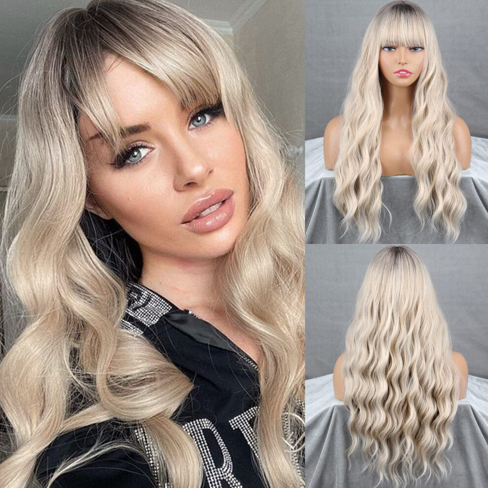 Unisex Long Wavy Blonde Wig With Bangs Ombre Synthetic Hair For Women Cosplay Adjustable Fit