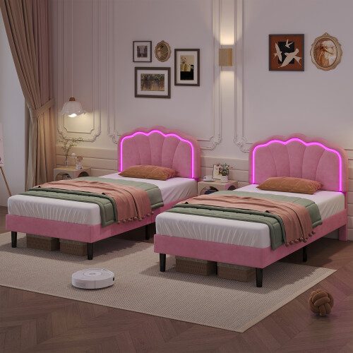 3ft Single Upholstered Bed with LED Adjustable Shell Shape Headboard 1
