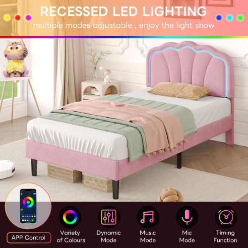 3ft Single Upholstered Bed with LED Adjustable Shell Shape Headboard 2