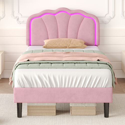 3ft Single Upholstered Bed with LED Adjustable Shell Shape Headboard
