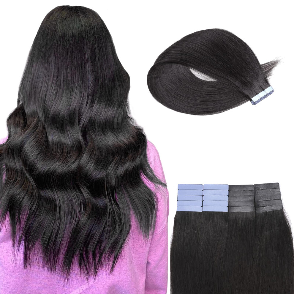 Unisex Black 20 Inch Tape In Remy Human Hair Extensions Invisible Skin Weft Silky Straight Natural 20Pcs