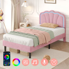 (Single) 3ft Upholstered Bed with LED Adjustable Shell Shape Headboard, Soft Velvet Bed Frame with Solid Wood Slat