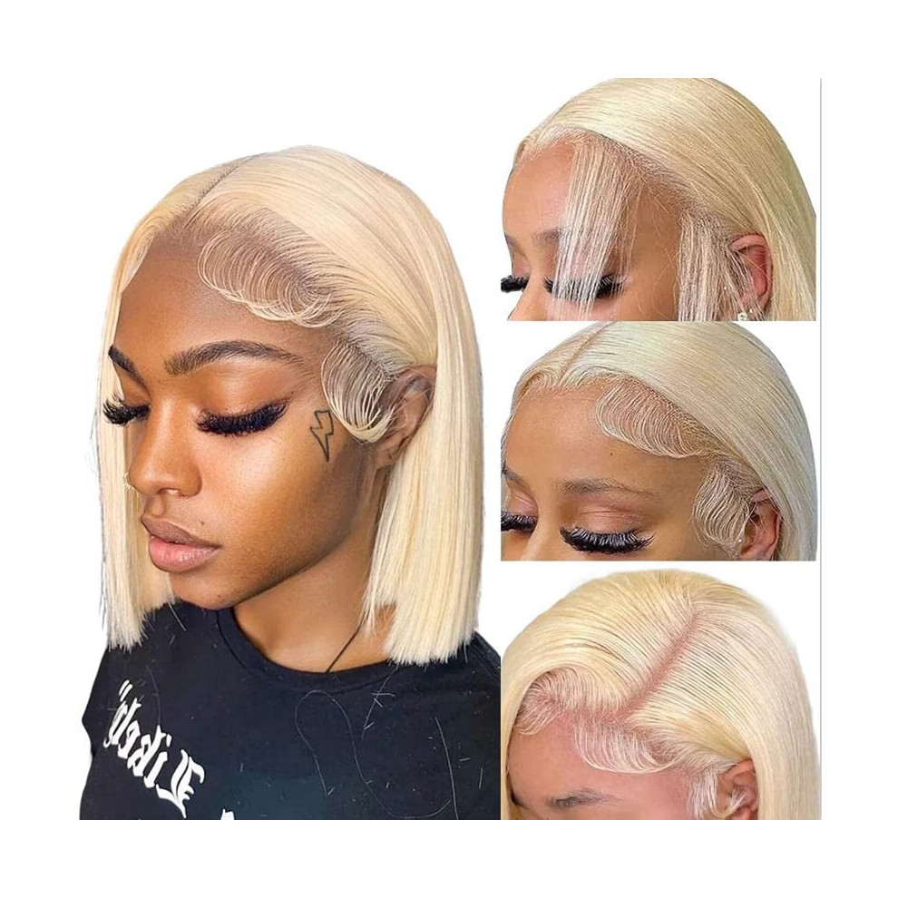 Unisex Honey Blonde Bob Wig 613 Lace Front Human Hair, 8 Inch Pre Plucked Natural Hairline