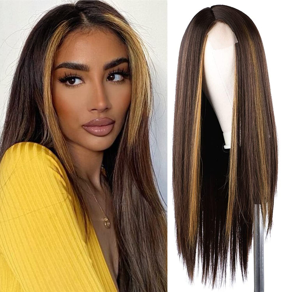Highlight Wig 26 Inch Long Straight Synthetic Heat Resistant Hair for Women with Natural Hairline