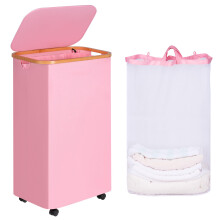 110L Laundry Hamper with Wheels and Lid, Collapsible Basket with Removable Bag for Bedroom Dorm Pink