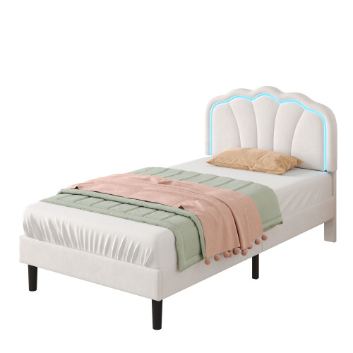 3ft Single Upholstered Bed with LED Adjustable Shell Shape Headboard