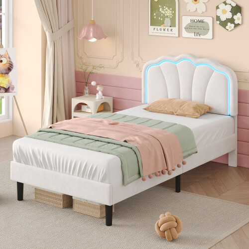3ft Single Upholstered Bed with LED Adjustable Shell Shape Headboard 1