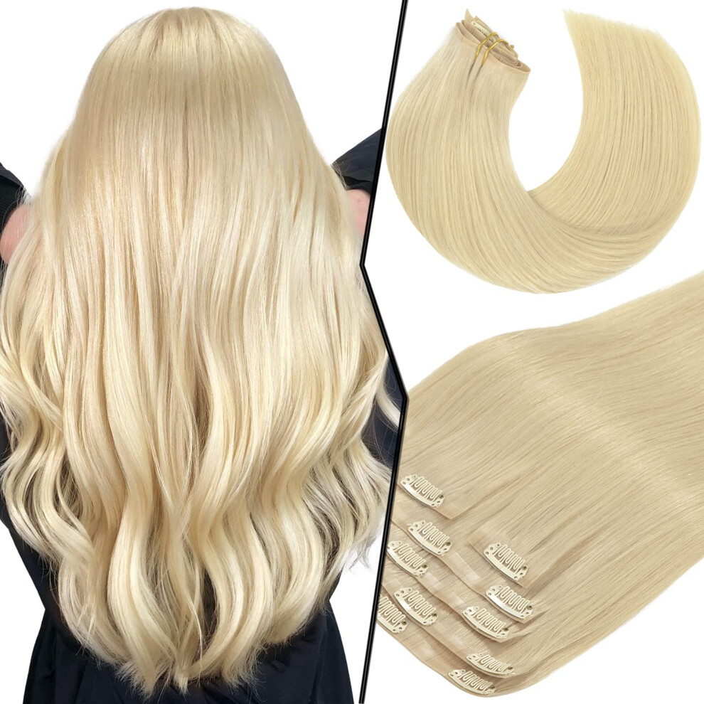 Clip in Human Hair Extensions Platinum Blonde 16 Inch Seamless Invisible PU Skin Weft 7pcs 110g