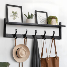29'' Coat Rack Wall Mount with Shelf, 5 Hangers for Bathroom, Living Room, Black